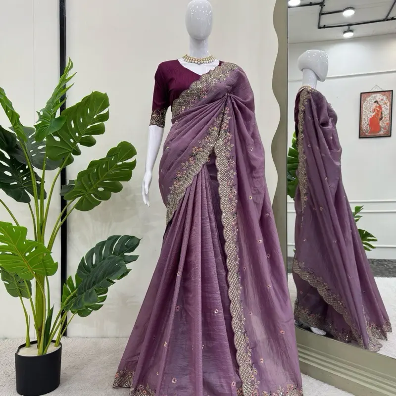 Gorgess Purple Saree with Ready Made Blouse Free Size Elegant Design Women's Fashion
