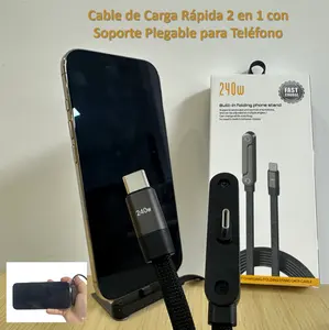 Invisible Holder Charger Cable, 240W Type-C Fast Charging Cable,   4.9 FT with 360° Adjustable Metal Stand, 2 in 1 Holder Charger for Gaming, Office, Home