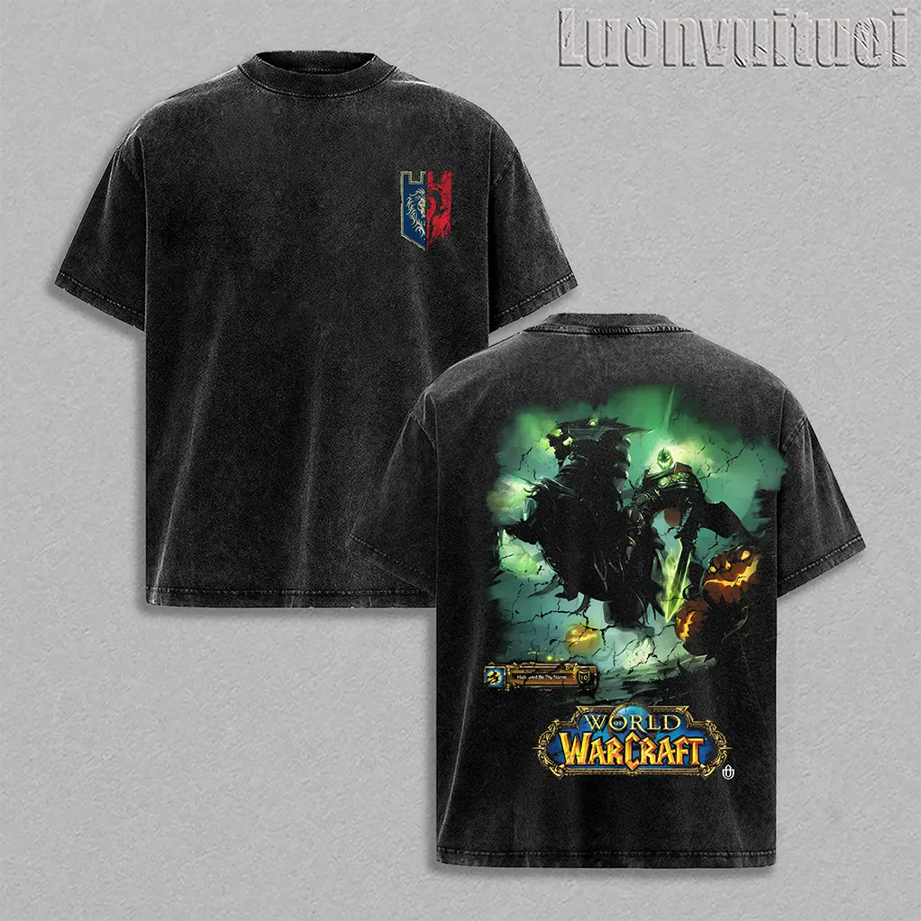 Video Games 'World of Warcraft: Hallow's End' T-Shirt Double-Printed Oversize Lightweight Acid-Washed Premium Cotton T-Shirt, Classic Soft Relaxed Fit Apparel, TV/Film Graphic Streetwear Menswear Top