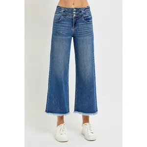RISEN High Rise Cropped Wide Leg Jeans with Frayed Hem