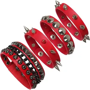 Punk Leather Cuff Bracelet Gothic Leather Wristband Bangle With Metal Studded Rock