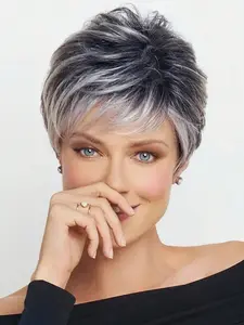 Women's Fashion Natural Mixed 10 Inch Synthetic Fiber Short Curly Wig with Side Bangs, Daily Wear, Holidays, Makeup Parties, Synthetic Material Wigs