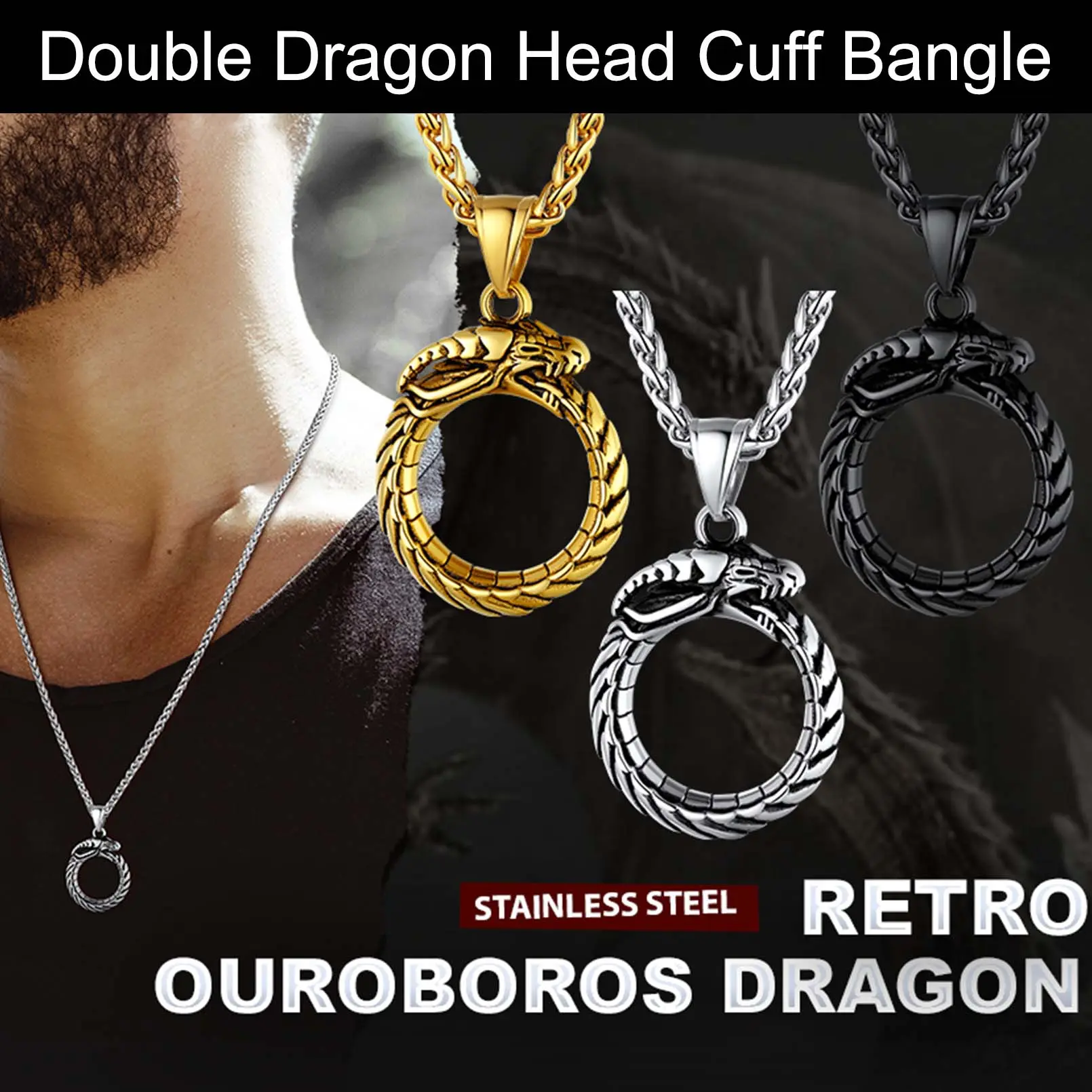 FaithHeart Ouroboros Dragon Pendant Necklace, Unisex Stainless Steel Piece with Cycle of Life Death and Rebirth Theme, Vintage Artificial Gemstone Necklaces & Pendants for Daily Wear, Enamel Charm, Hypoallergenic, Casual