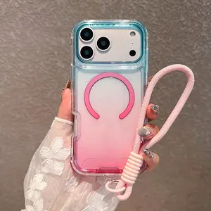 3IN1 Gradient Color Clear Shockproof Phone Case For iPhone 17 Air 16 15 14 13 12 11 Pro Max 16 Plus Lanyard Magnetic Charge Protect Cover Shockproof Protector