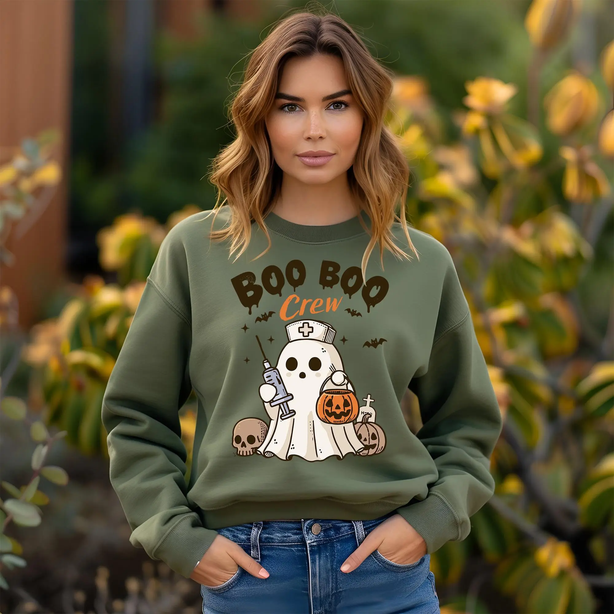 Halloween Nurse Cute Ghost Boo Crew Pumpkin Fall Spooky Season Unisex Sweatshirt Cotton Printed