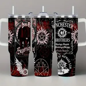 1 Piece Lyrichard 40 oz < Supernatural >   TV Series Inspired Thermos Cup - Retro Winchester Brothers Design (With Handle, Leak-Proof Double-Wall Insulation, Can Keep Drinks Hot or Cold for a Long Time, 304 Stainless Steel Travel Cup