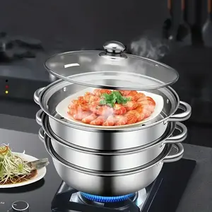 3pcs/set, Stainless Steel Steamer, Double Ear Steamer, Metal Steamer, Steam Pot, Metal Steam Baskets Pot, Cooking Steaming Cookware With Handles, Kitchen Tools, Kitchen Supplies
