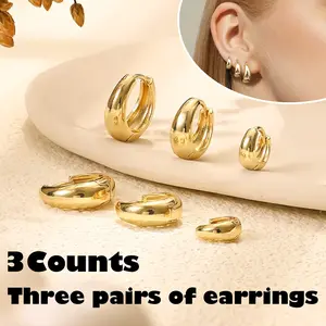 Set of 3 women’s sterling silver earrings: hypoallergenic, 14K gold-plated dainty cartilage studs, huggie hoops, and dangling chain earrings; gold jewelry