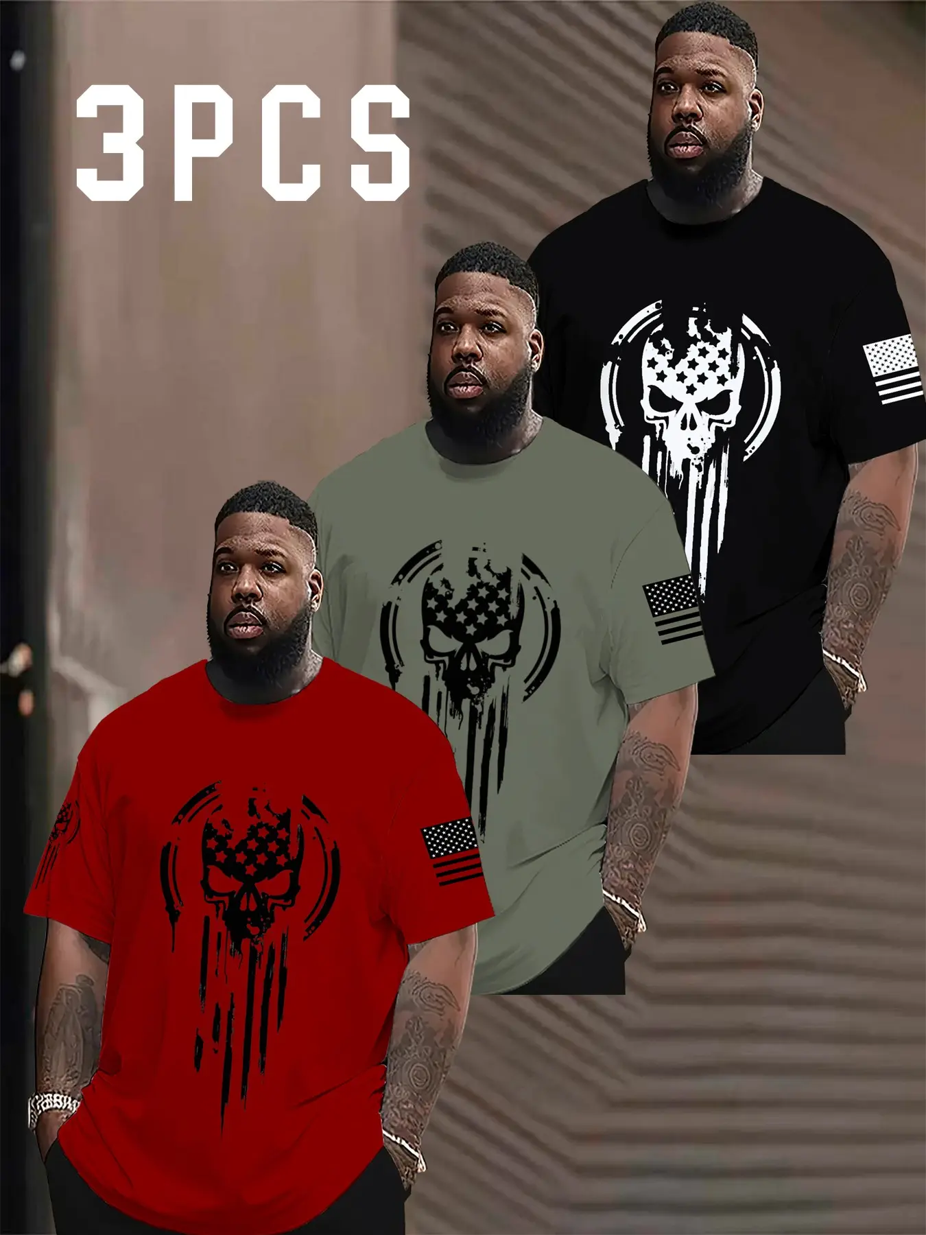 3-Pack Plus Size Men's Skull Print Short Sleeve Crewneck T-Shirts, Casual Streetwear Baggy Loose-Fit Long Top, Ideal Gift for Men, Daily Wear Fashion