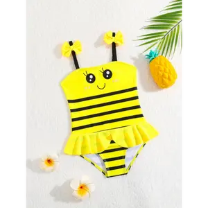 A Cute Digital Print Swimsuit for Toddlers Featuring a Bee Design, with Adjustable Shoulder Straps And Ruffled Skirt.