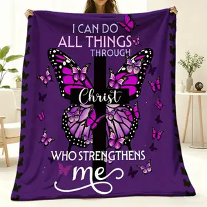 CIUGOIG Women'S Inspirational Christian Blanket - I Can Do All Things Through Christ Who Strengthens Me Purple Butterfly Design, Soft Flannel, Perfect For Birthdays, Spiritual Gifts, And Home Decor