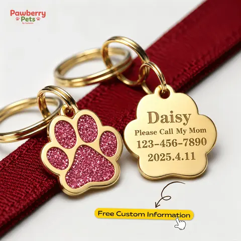 Cute Paw Print Pet ID Tag for Dogs & Cats, Personalized Pet Name Tag with Custom Engraving, Glitter Paw Collar Charm, Puppy Kitten Collar Accessories