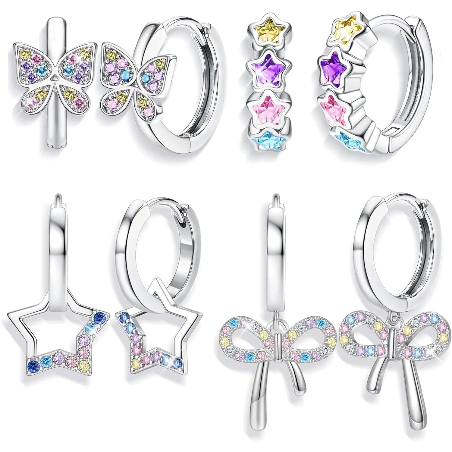 YADOCA 4 Pairs Hypoallergenic Huggie Hoop Earrings for Girls Women Silver Plated Small Dangle Hoop Earrings Bow Earrings Tiny Cute CZ Heart Butterfly Earrings Set Pink Colorful Star Earrings for Sensitive Ears(over 3 years old)