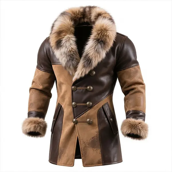 Men’s Genuine Leather Shearling Coat with Fur Collar and Cuffs, Brown Suede and Leather Winter Jacket, Double-Breasted Long Warm Outerwear