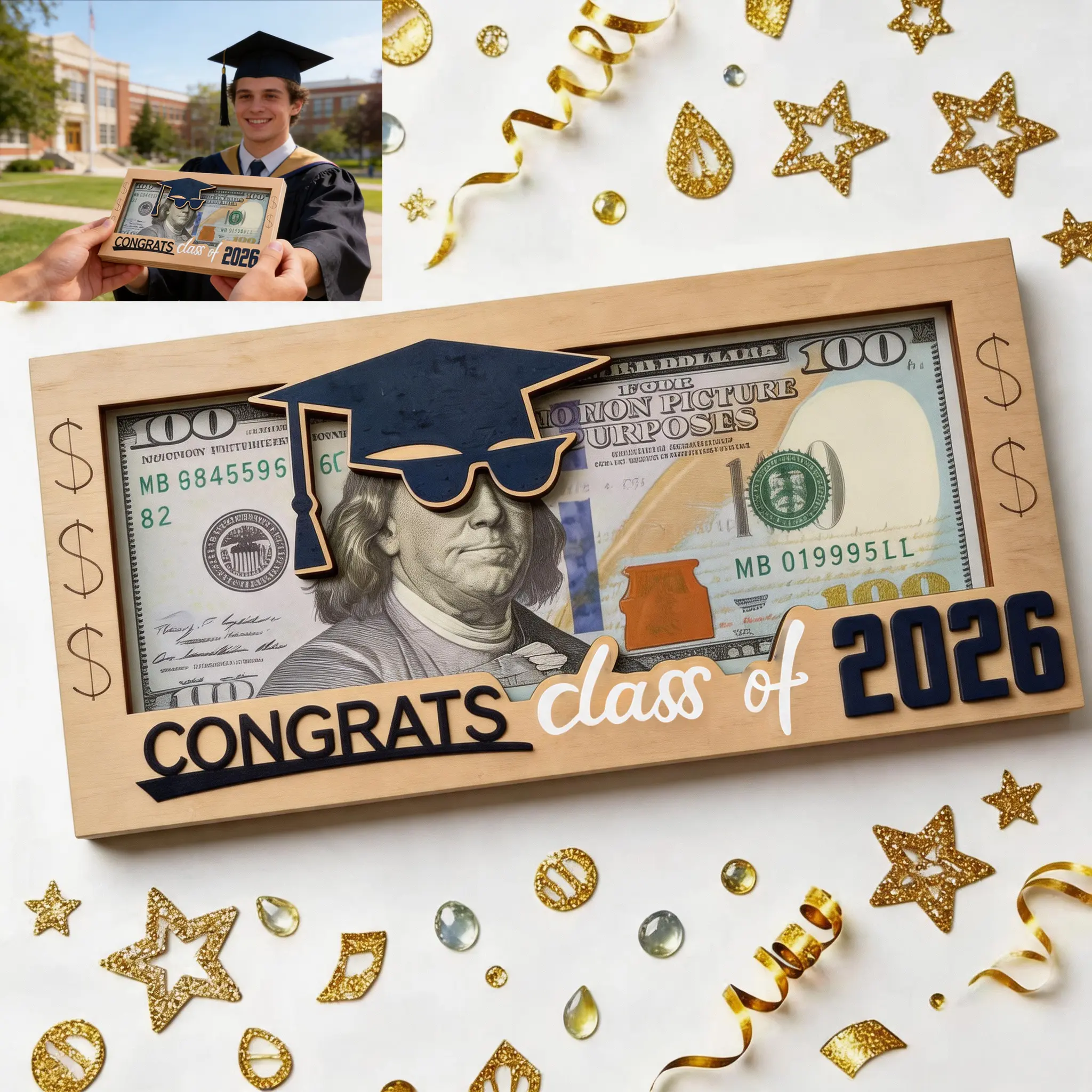Graduation 2026 -Unique Wooden Gift Box for Class of 2026, Creative Graduation Gift for Seniors,Ornament with Bracket for High School College Grad Memory Gifts Party,