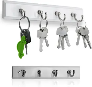 Wall Mounted Key Rack Rail Hanger Key Holder Wall Mount with 4 Hooks Hanging Storage Keys Organizer Home Decor (White)