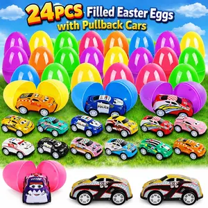 24PCS Easter Eggs with Pullback Cars – Colorful Plastic Eggs for Easter Egg Hunt, Party Favors, Basket Fillers for Kids Boys & Girls