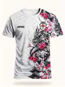 Japan Logo Graphic Sportswear Tee, Sakura & Dragon Pattern, Short Sleeves Fitted Design, Ideal for Soccer Training Daily Wear
