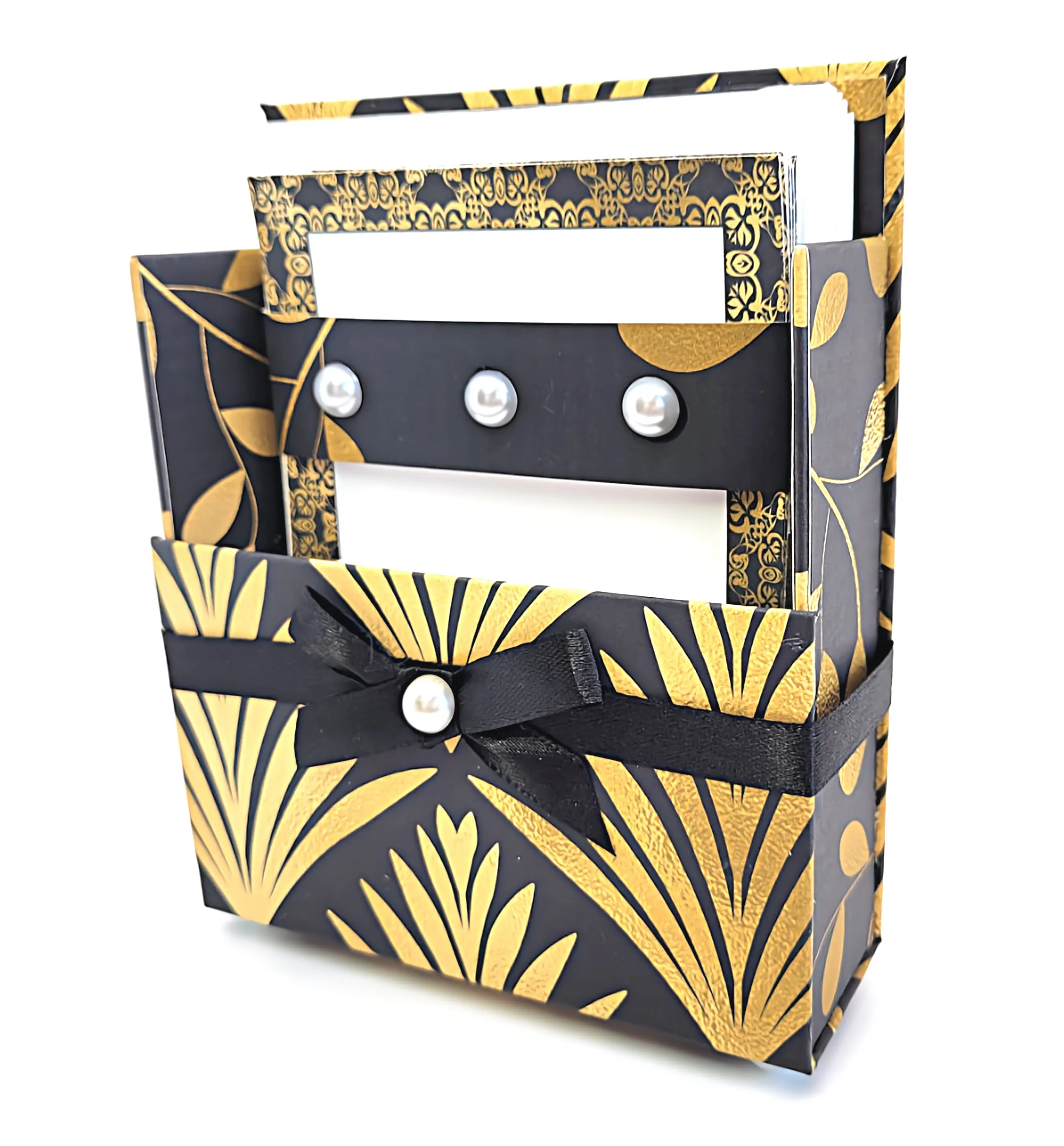 Chic Brico 42-Pc Stationery For Him Gift Box Set w/Reusable Desktop Organizer Box and Gold Pen - Black & Gold Geometric