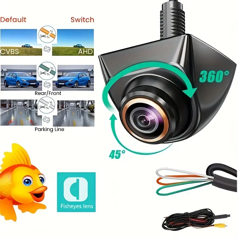 1080P AHD Fisheye Car Camera Backup/Front/Side View Camera Universal with Golden Rim- HD Front & Rear View Reverse Camera Metal Housing with Night Vision, Parking Guide Lines, Wide Angle for SUV, RV, Van and Pickup Truck, Without Battery