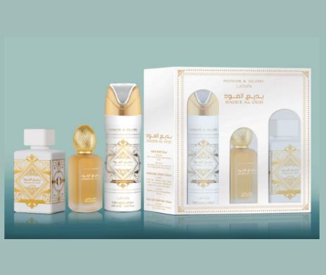 LATTAFA BADEE AL OUD HONOR AND GLORY 3 PCS GIFT SET WITH 100ML EDP + 200ML BODY SPRAY + 50ML HAIRMIST