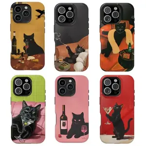 Retro Cocktail Cat Phone Case – Whimsical Black & Siamese Cats Drinking Wine & Martini | Durable Tough Protective Cover | Fun Gift for Cat Lovers Her or Him | Compatible With iPhone 11–17