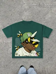 Men's Loose Fit Bee Pattern T-Shirt, Artistic Print Street Style, Fitted Long Sleeve, All Seasons Fashion, Trendy Choice, Casual