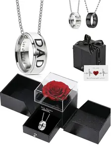 Dad Engraved Ring Pendant Necklace with Rose Gift Box, Stainless Steel Jewelry for Men, Fashion Chic Jewelry Gifts for Party, Daily Decor, Trendy All-match & Exquisite Charms Necklace for Birthday Gift, Personalized Necklace, Fashion Accessory