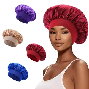 Sleep cap high-elasticity headscarf shower cap solid color hair protection hat  satin chemo cap with large brim