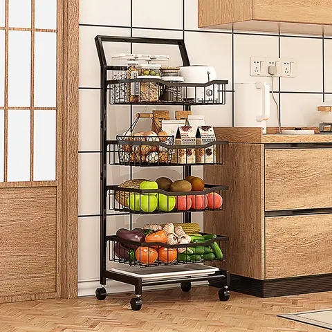4-Tier 4-Shelf Rustproof Rolling Kitchen Cart with Wheels, Solid Wood Handle, Detachable Baskets, 360° Movable Wheels for Kitchen Organization, Functional Pantry Utility Organizer (for Vegetables, Fruits, Snacks)