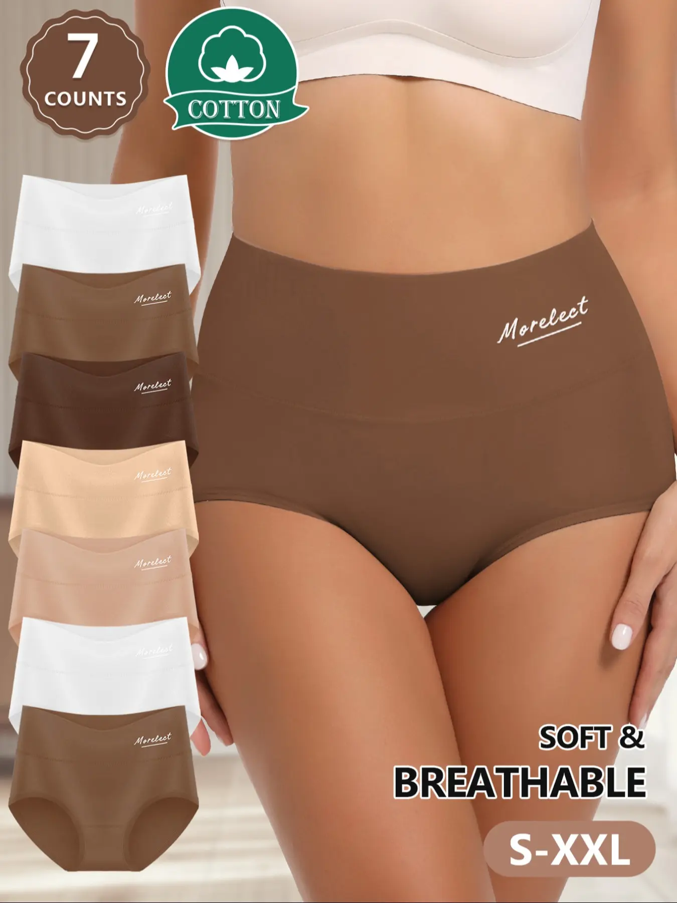 [Soft Cotton] MEIYATING  7 pcs High-Waisted Women's Underwear, Comfy Breathable Panty, Breathable and Comfortable, Sizes S-Xxl, Waist Cinching and Butt Lifting, Seamless Design