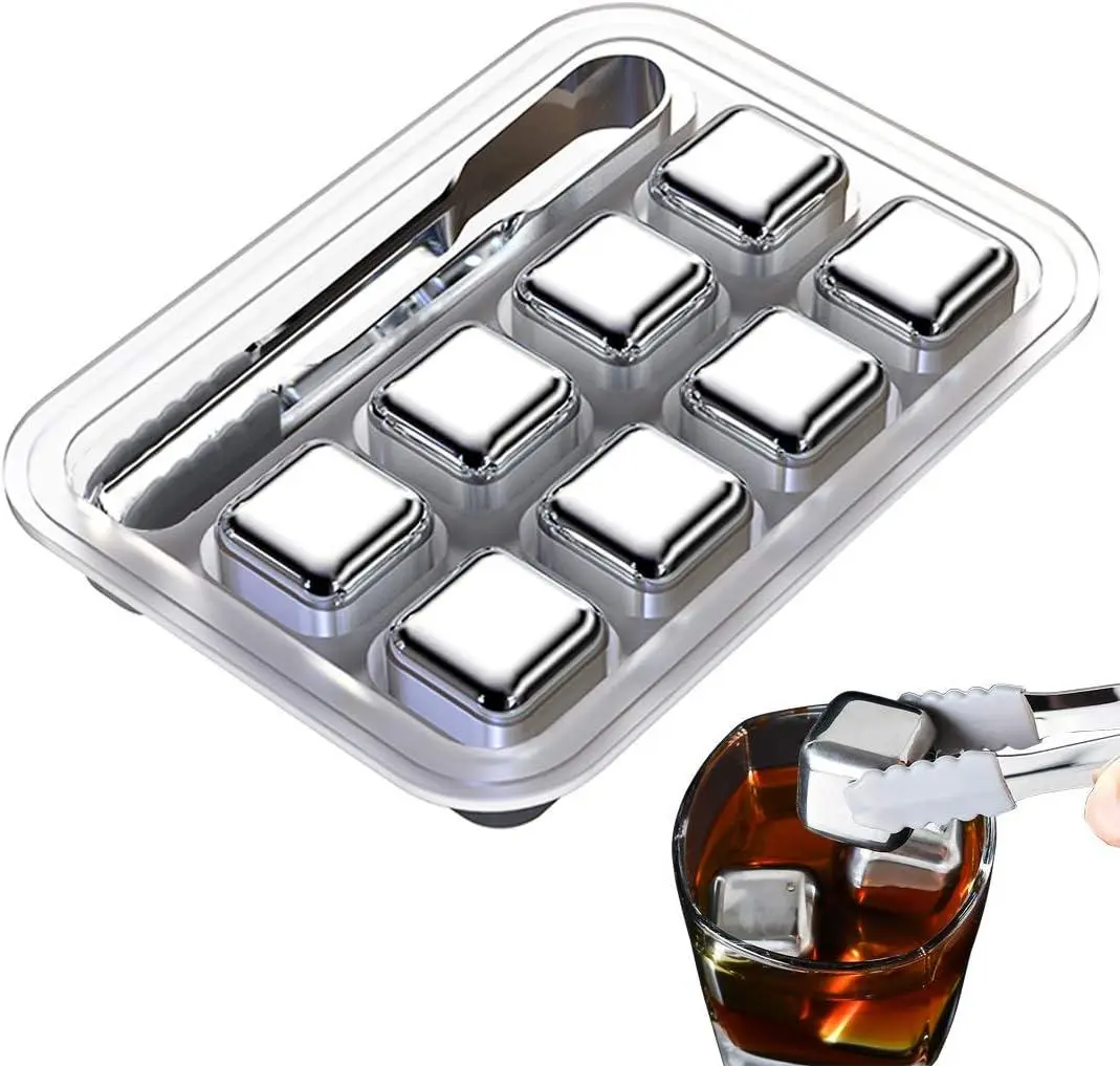 【summer cooling】8 Counts Whiskey Stones, Reusable Stainless Steel Chilling Stones - Metal Ice Cubes with Tongs for Rapid Cooling of Drinks, Cocktails & Spirits