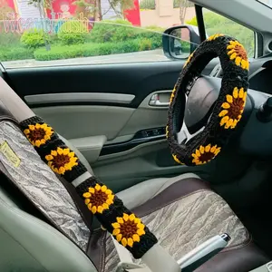 Boho Sunflower Crochet Steering Wheel Cover, 1Pc Universal Non-Slip Auto Protector, Breathable Floral Car Accessory, Soft Handmade Crochet Decor, Durable Grip for Most Vehicles, Stylish Girly Car Accessories for Summer Daily Driving