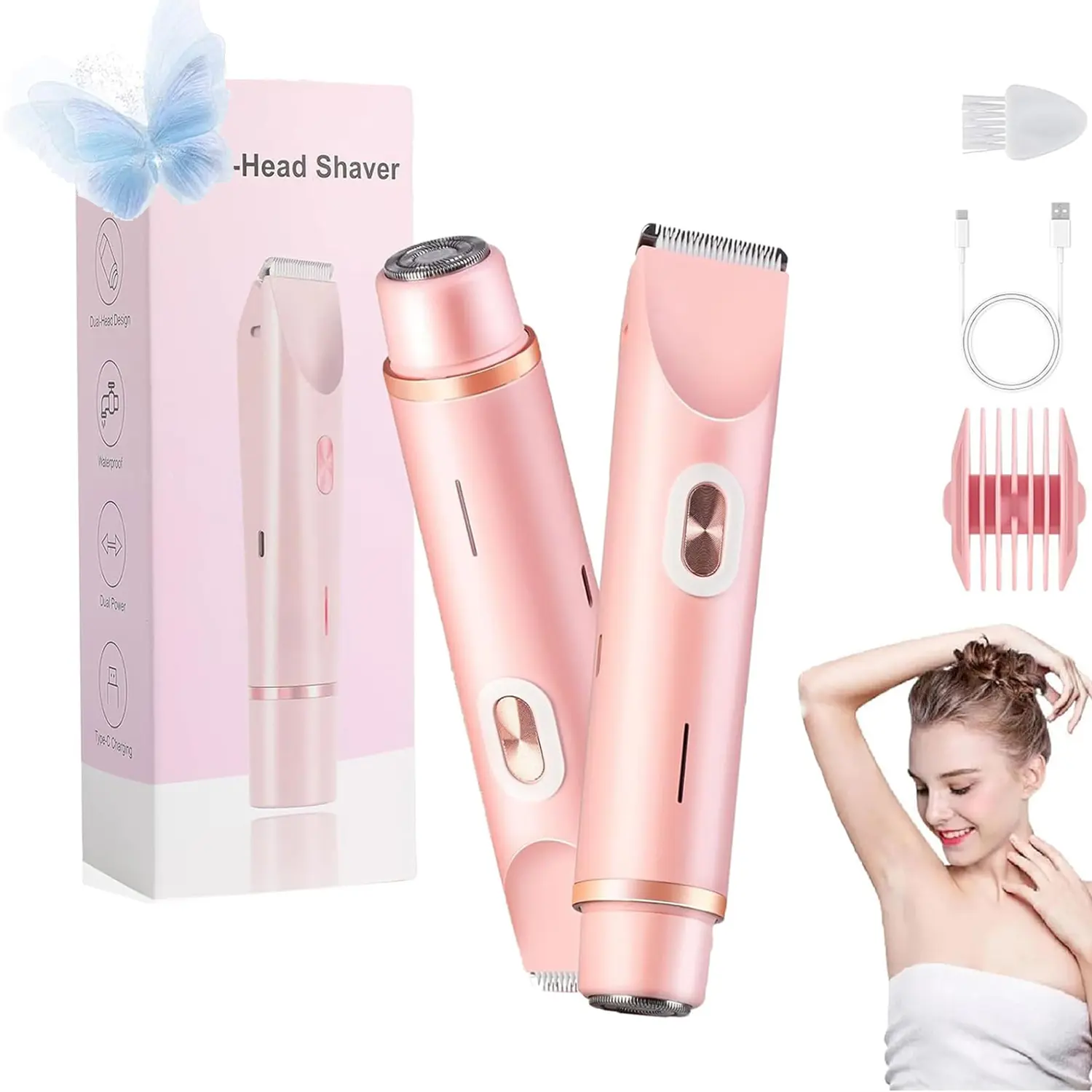 Bikini Trimmer for Women, Intimate Pubic Trimmer, Electric Shaver and Razor Rechargeable 2-in-1 Bodyand Facial Hair Removal Double Head, Dual Head Cordless Rechargeable Trimmer forPainless Trimming of Pubic Face UnderarmLegs,IPX7 Waterproof, pink