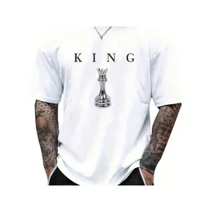 THE KING Men's 180GSM Cotton T-Shirt - Black Chess King Graphic Print, Casual Short Sleeve Round Neck Tee for Casual Attire