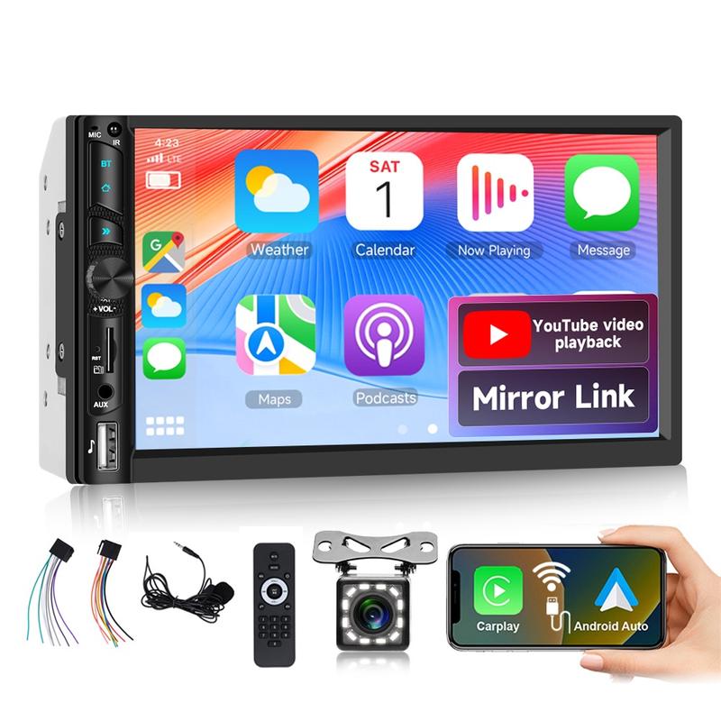 7 Inch Double Din Wireless Carplay Android Auto Bluetooth Car Radio, HD Touch Screen Car Stereo with Mirror Link, Backup Camera, FM Car Audio, EQ, AUX/USB/SD Card Input, Steering Wheel Control