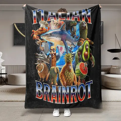 Customized Fleece Blanket with Fun Italian Brainrot Pattern, Soft and Skin-Friendly, Perfect for Sofa and Bed, All-Season Use, Hypoallergenic and Soft Warming Blanket, Cozy Blankets