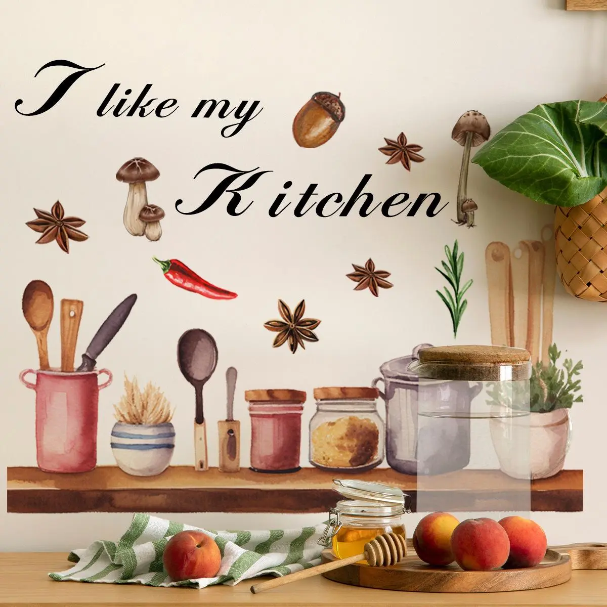 Kitchen Themed Wall Sticker, Self Adhesive Wall Decal, Decorative Sticker for Home Kitchen Living Room Bedroom, Ornaments