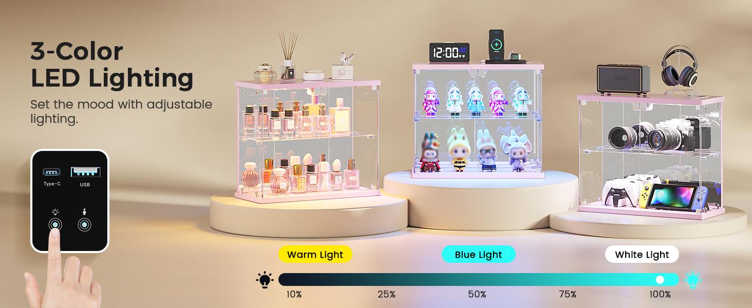 Miu vanity Display Cabinet with Glass Doors,Storage Cabinet with 3 color light,2-Tier Curio Cabinet case for Collectibles,Toys，Books，for Playroom，Bedroom，Study Room,Black,Pink