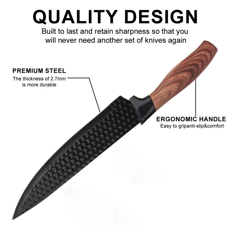 9-Piece Kitchen Knife Set - Black Chef Knife Set with Sharp Blades, Non-Stick Stainless Steel Cooking Knives Set, Ergonomic Wood Grain Handle, Aesthetic Kitchen Knives,Meat Knife Block