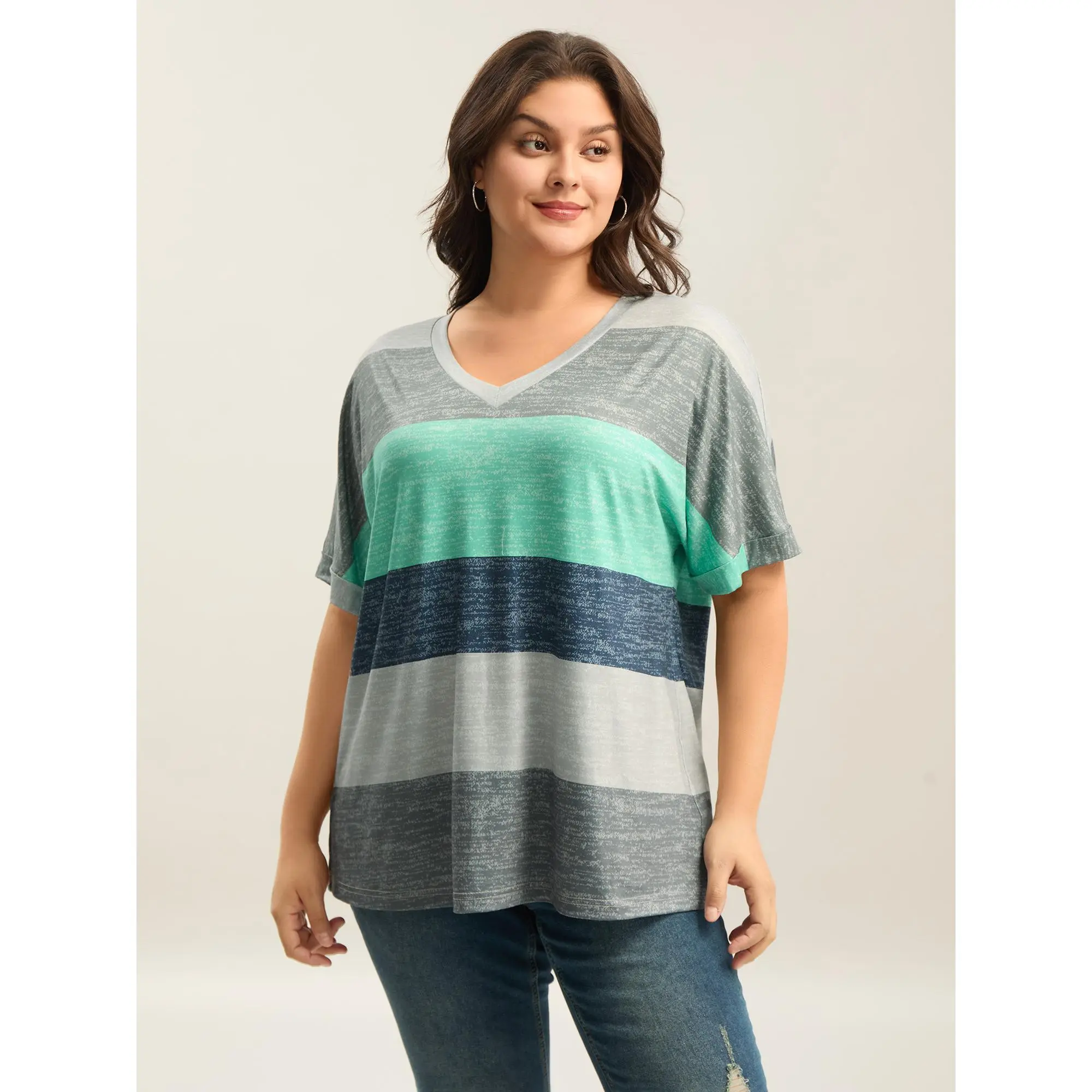 BloomChic Women's Plus Size Polyester Blend Spandex T-Shirt - Comfy Casual Colorful Style Horizontal Stripes, V-Neck, Flattering Fit Dolman Sleeves, Medium Stretch, Low Iron, Stone, Everyday Summer Top, Dolman Sleeve Ease, Regular Length, Machine Washable