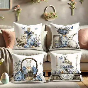Easter Egg Bunny Flower Pillow Covers Set, 4pcs Single-Sided Print Decorative Pillows, 45x45cm, Hidden Zipper, Indoor Outdoor Decoration Multiple Use