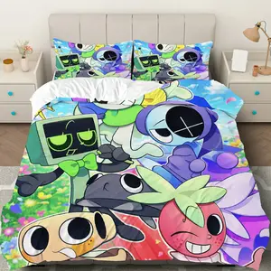3PCS Duvet Cover Set, 1 Duvet+2 Pillowcases(Without filler),  Anime Colorful Fun Characters theme, Halloween bedding set, Vibrant Playful Cozy Suitable for decoration bedroom, dorm room, game room, studio.