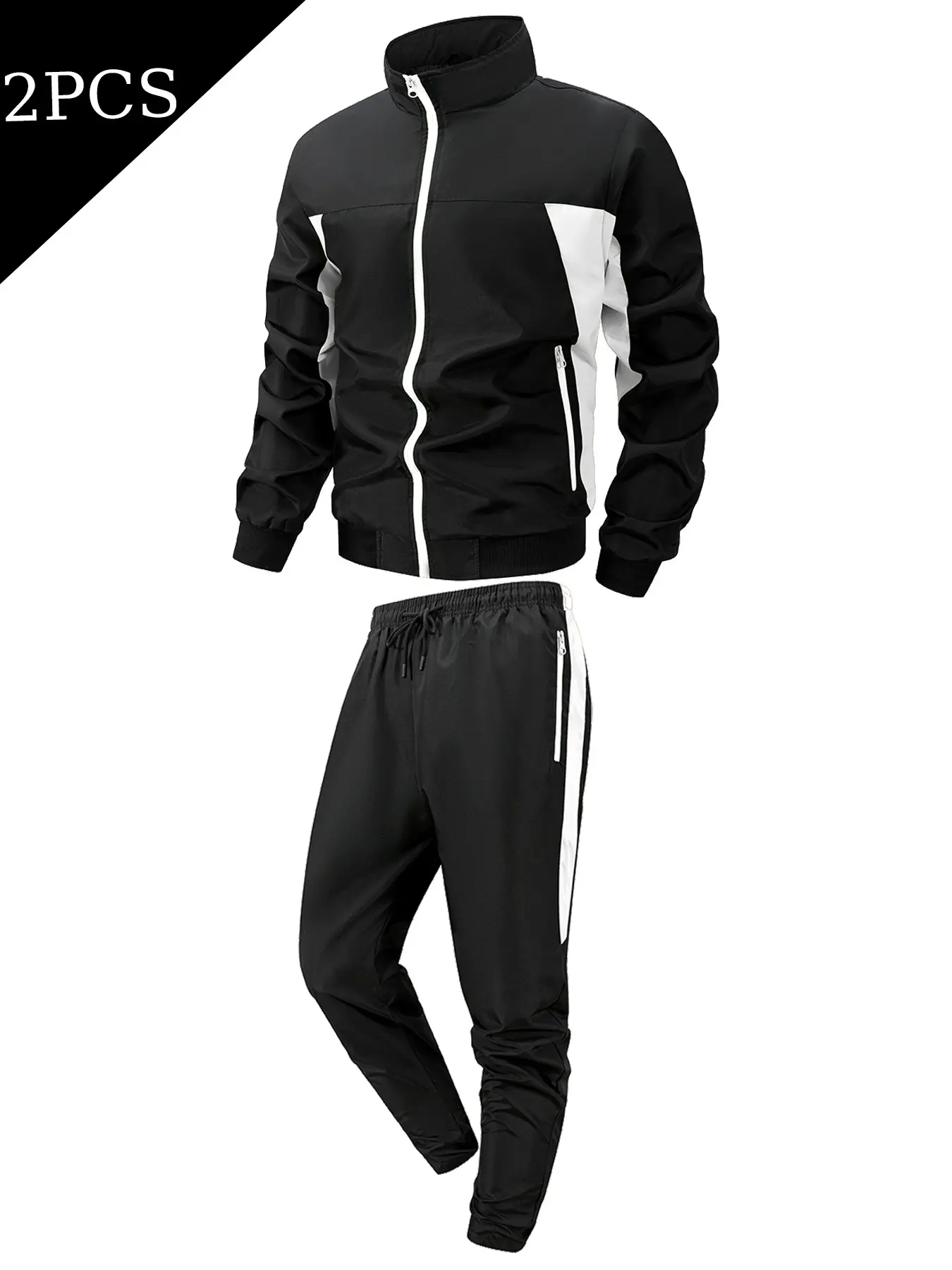 Men's Lightweight Windproof 2PCS Stand Collar Matching Tracksuit Plain Color Color-Blocked Full Zip Jacket and Pants Casual Jogging Sports Activewear Workout Set for Training Colorblock Sportswear Set