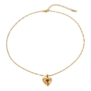 Lexxa Luxury Red Agate Zircon Pendant Necklace Gold-Tone Stainless Steel Chains Heart Design