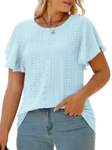 ROSRISS [1X-5X] Womens-Plus-Size-Summer-Tops Ruffle Short Sleeve T Shirts Crewneck Eyelet Tunics Casual Loose Tee VPS0121
