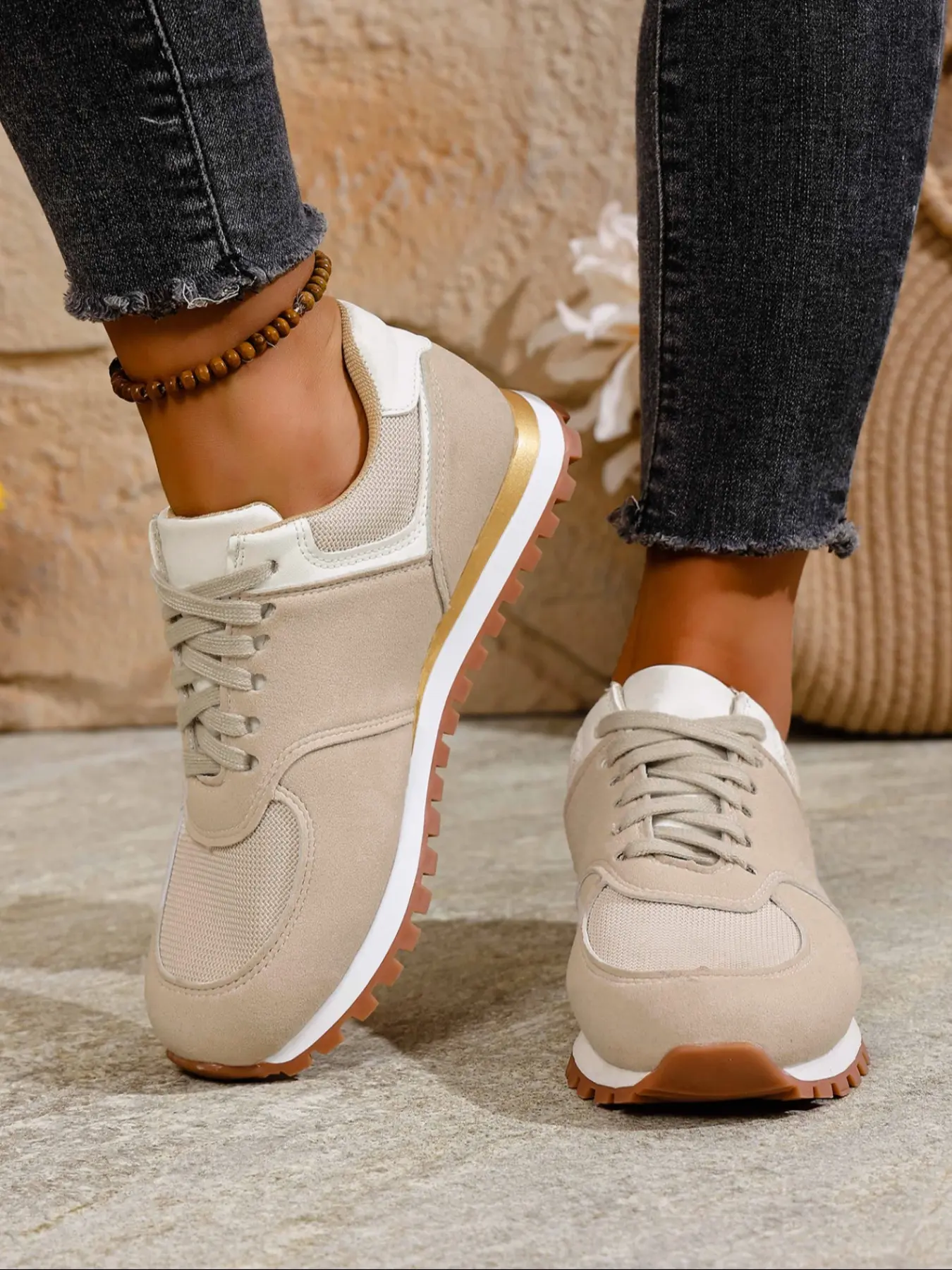 Women's Vintage Lightweight Laced Colorblock Fashionable Casual Sneakers, Fashion Round Toe Sport Shoes, Comfortable and Stylish Athletic Footwear