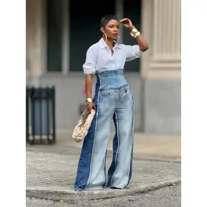 Women's  Washed High-Waisted Color-Block Patchwork Washed Vintage Trendy Loose Jeans adjustable jeans Elegant Womenswear stretch skinny Waist Wide Leg Jeans Straight Jeans cargo jean Bottom Polyester Printed Solid