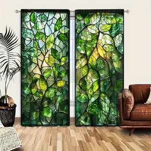 2 Piece Plant Pattern Colorful Glass Curtain Door Panel, Privacy Half Light Blocking Design, Living Room & Bedroom Home Decor