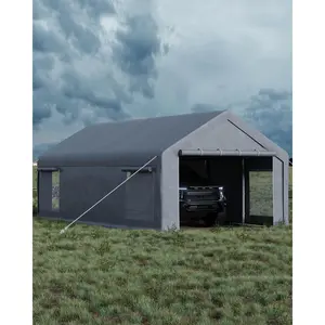 13x25 Ft Carport with 10 Sandbags, Car Port with 220g PE Tarp, 2 Roll-Up Doors, and 4 Windows, for Full-Size Pickups, Bass Boats, Tractors, and SUVs, Khaki
